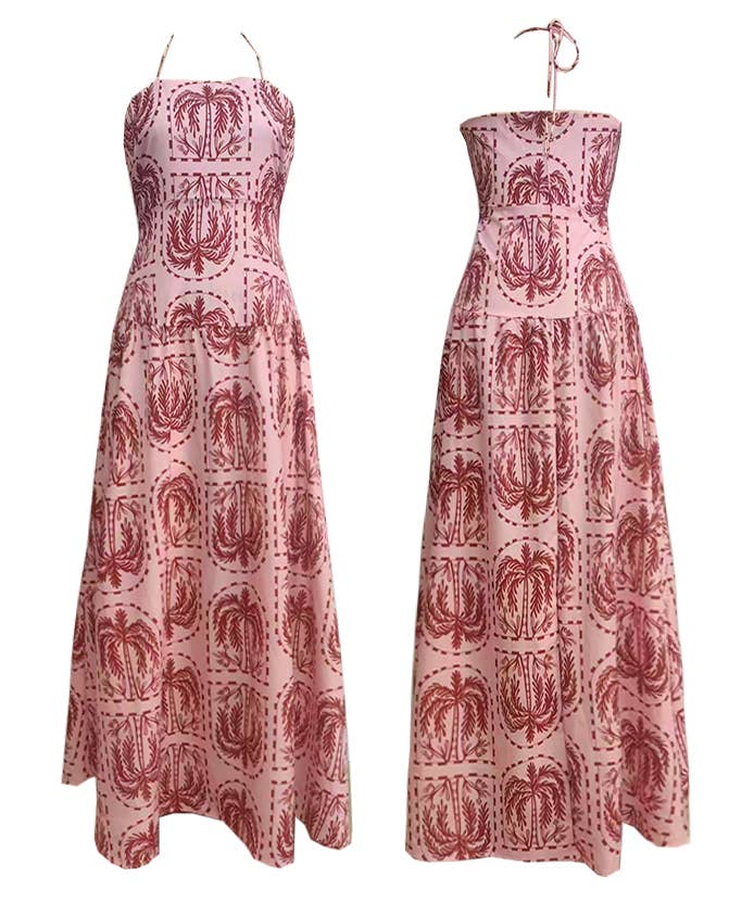 Rosa Clothing - Wholesale Dress - Women's - palm print red halterneck maxi summer dress4