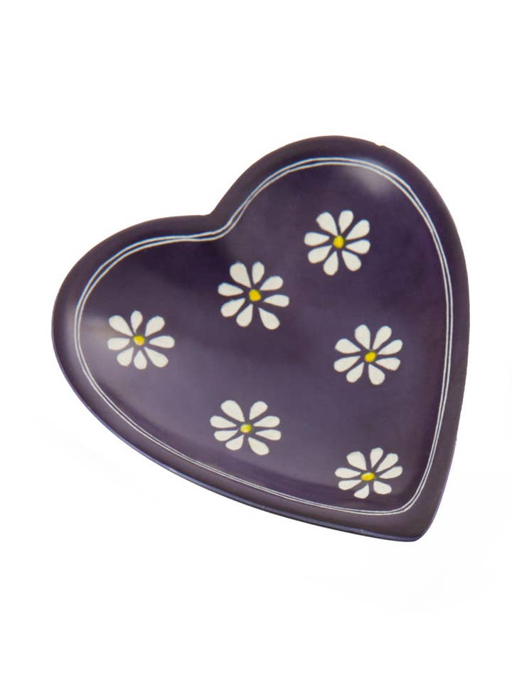 Purple Daisy Print Heart-Shaped Soapstone Dish - Valentine's Day Gifts for wholesale by Swahili | AFRICAN MODERN