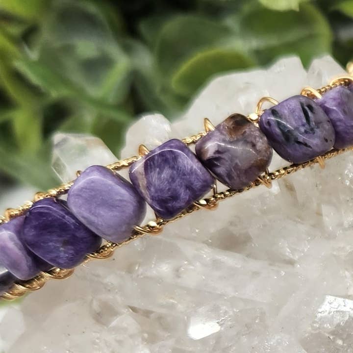 Meraki Gemstones - Wholesale Cuff Bracelet - Charoite Bangle/Cuff WireWrapped Bracelet-18kt. Gold Overlay9
