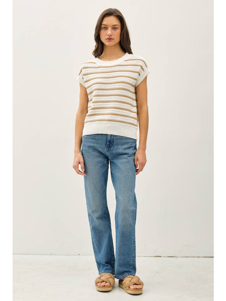 Be Cool - Wholesale Knit Top - Women's - STRIPED CROCHET KNIT CAP SLEEVE TOP