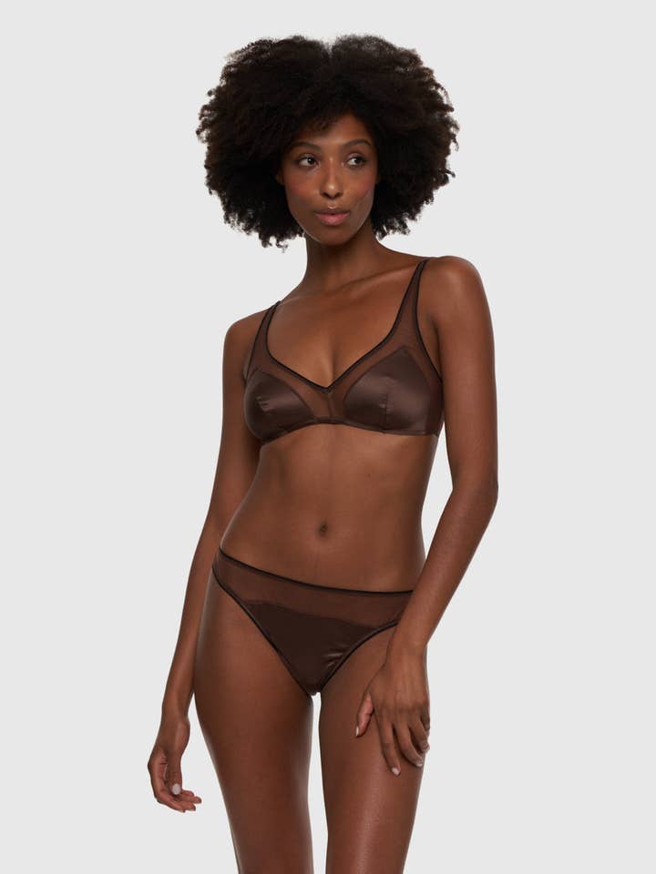 Gea - Triangle Bra in Satin and Tulle-Chocolate for wholesale by Chitè Milano