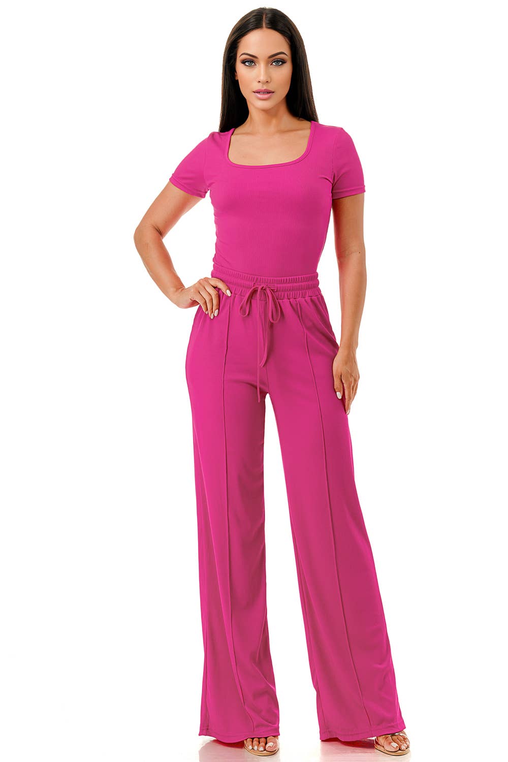 Color 5 - Wholesale Top & Pant Set (NOT Loungewear) - Women's - Slinky short sleeve body suit with flare pants fashion set13