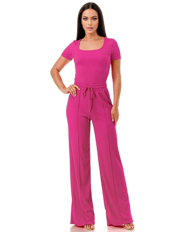 Color 5 – Engroshandel Top- og buksesæt (IKKE Loungewear) - Dame – Solid slinky kortærmet bodysuit med bukser med svaj sæt2