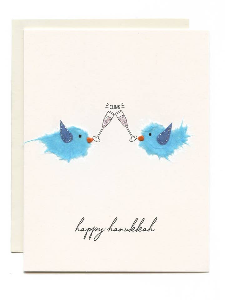 ”Happy Hanukkah” Blå Fåglar med Champagne för wholesale av FLAUNT HANDMADE CORRESPONDENCES
