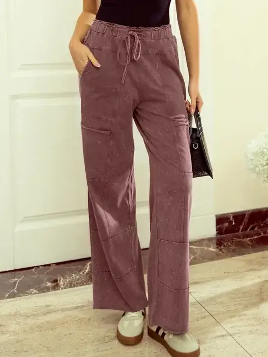 1 the Woman - Wholesale Pants - Women's - Mineral Wash Lace-up High Waist Raw Hem Patched Pocket Pants9