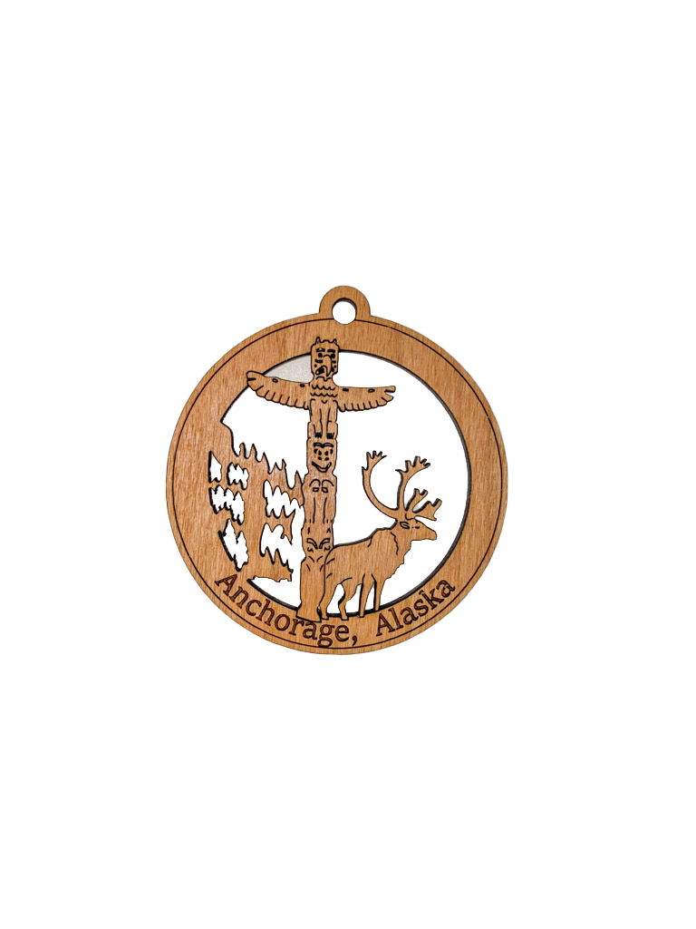 Woodcutts Inc. - Wholesale Ornament - Caribou & Totem Pole Round Ornament0