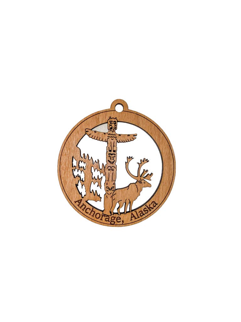 Woodcutts Inc. - Wholesale Ornament - Caribou & Totem Pole Round Ornament