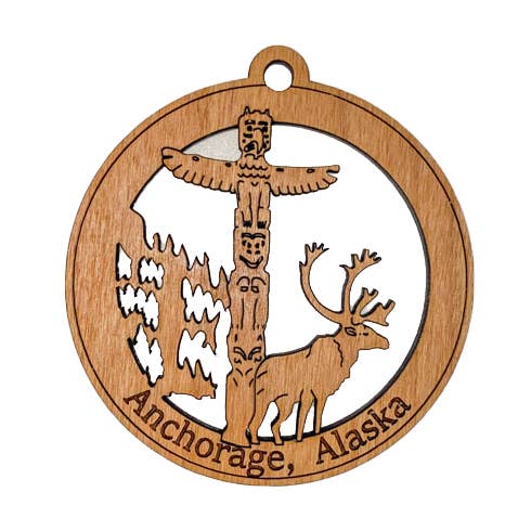 Woodcutts Inc. - Wholesale Ornament - Caribou & Totem Pole Round Ornament0