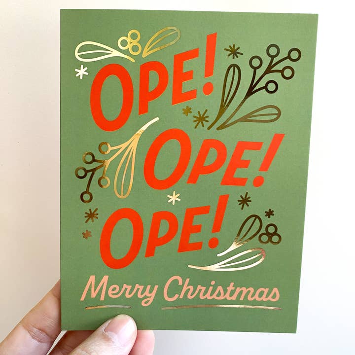 Bottlebrush Graphics - Vendita all'ingrosso Biglietti di auguri di Natale - Aperta! Aperta! Aperta! Biglietto di auguri con pellicola dorata del Midwest 1