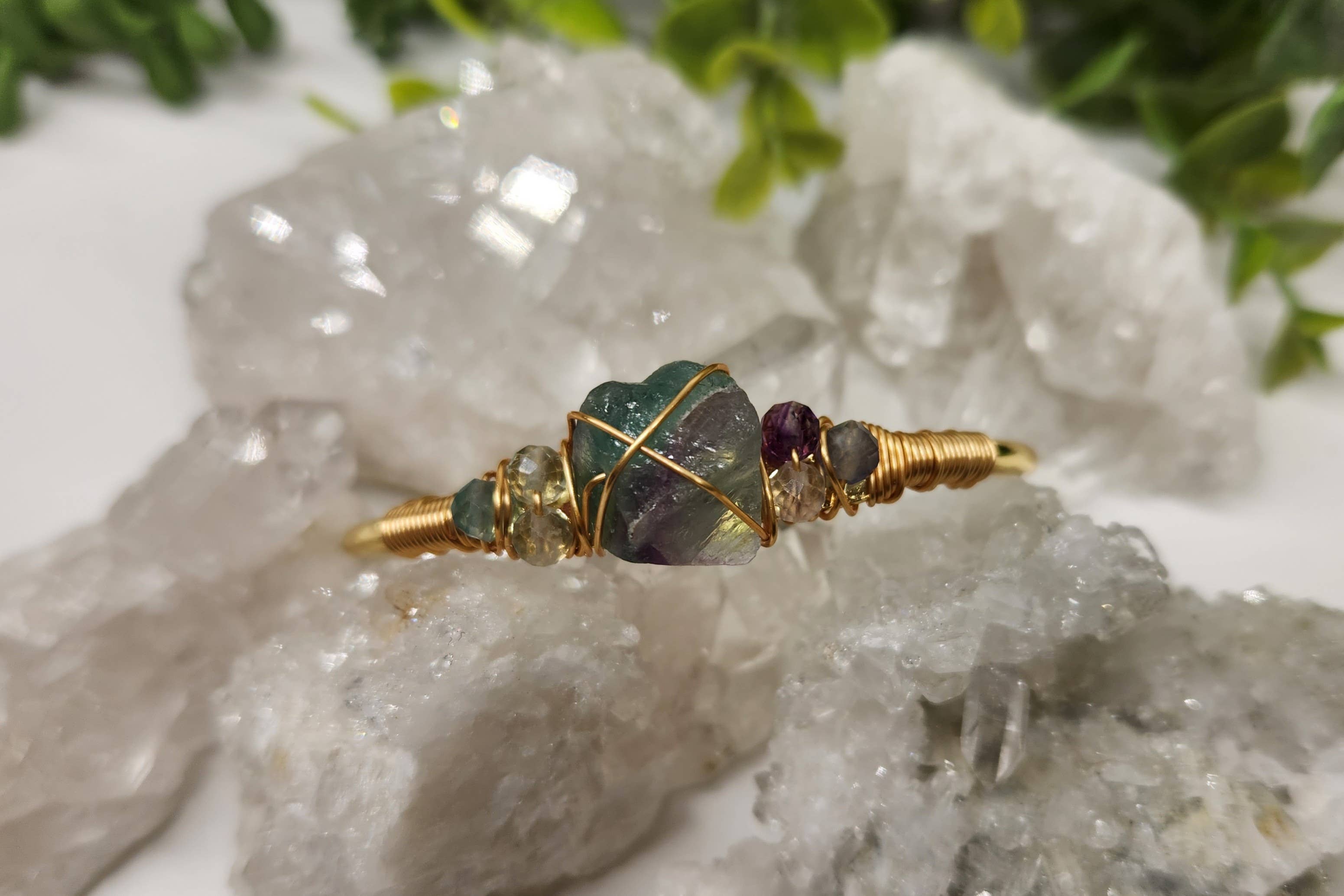 Meraki Gemstones - Wholesale Cuff Bracelet - Rainbow Fluorite/R. Fluor.Rough Gemstone Wire Wrapped Bangle4