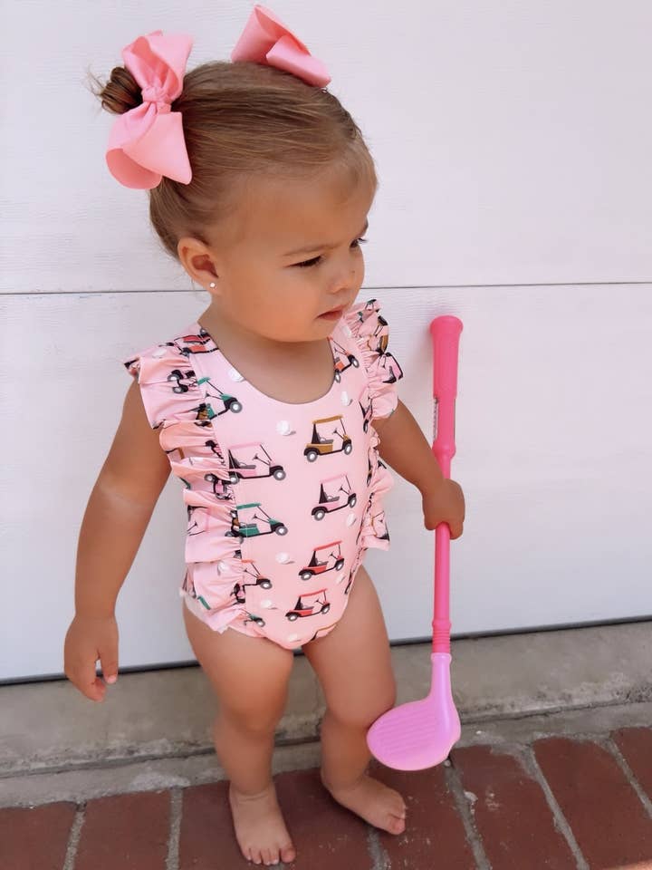 SIIX Collection - Wholesale One Piece Swimsuit - Kids - Pink Golf Cart / Monaco Swimsuit / UPF 50+