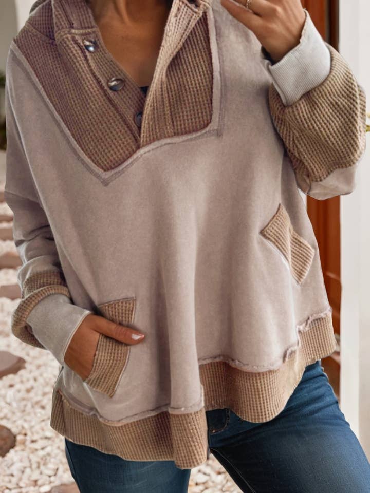 LDC Oversize Waffle Patchwork Exposed Seam Hoodie| S-4X for wholesale by Little Daisy Closet