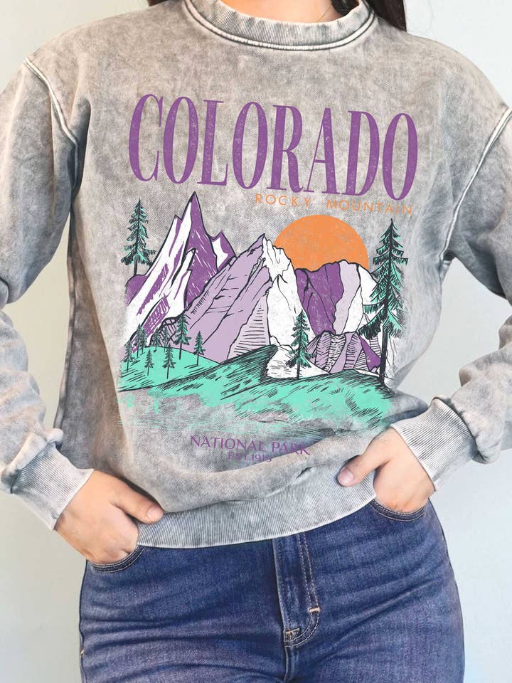 COLORADO ROCKY MOUNTAINS MINERAL GRAPHIC BRUSHED SWEATSHIRTS for wholesale by Rustee Clothing