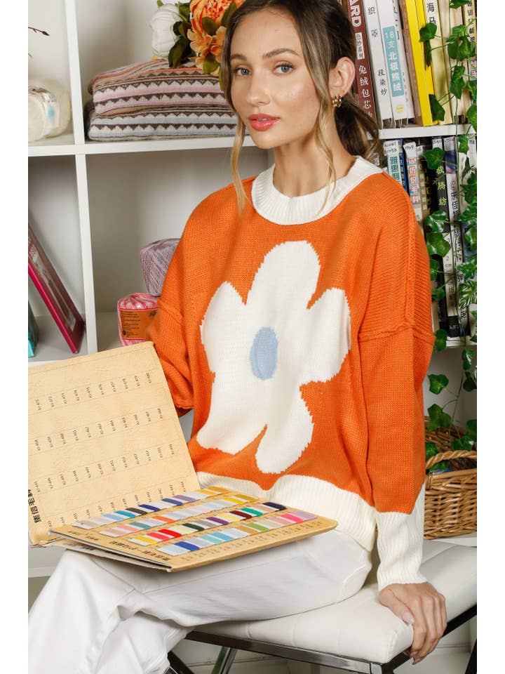 Vine & Love - Wholesale Knit Sweater - Women's - Crew Neck Long Sleeve Flower Printed Knitted Sweater VT82542