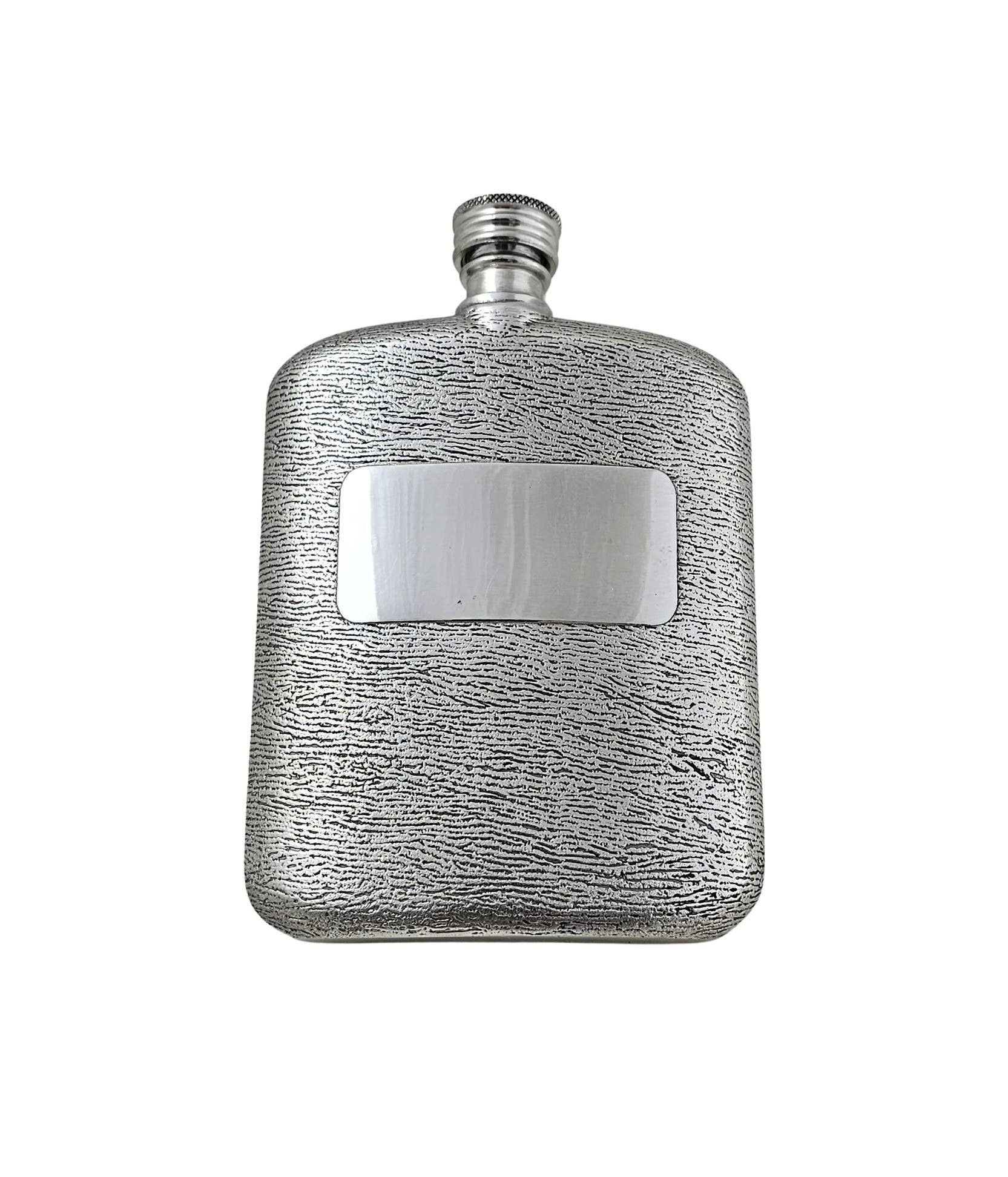 Corbell Silver - Wholesale Flask - Bark Design Flask With Cartouche 6oz Pewter Boxed With Pouch. SKU #: C1739.0