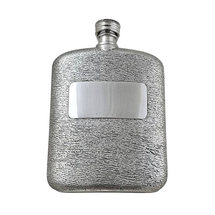 Bark Design Flask With Cartouche 6oz Pewter Boxed With Pouch. SKU #: C1739. for wholesale by Corbell Silver