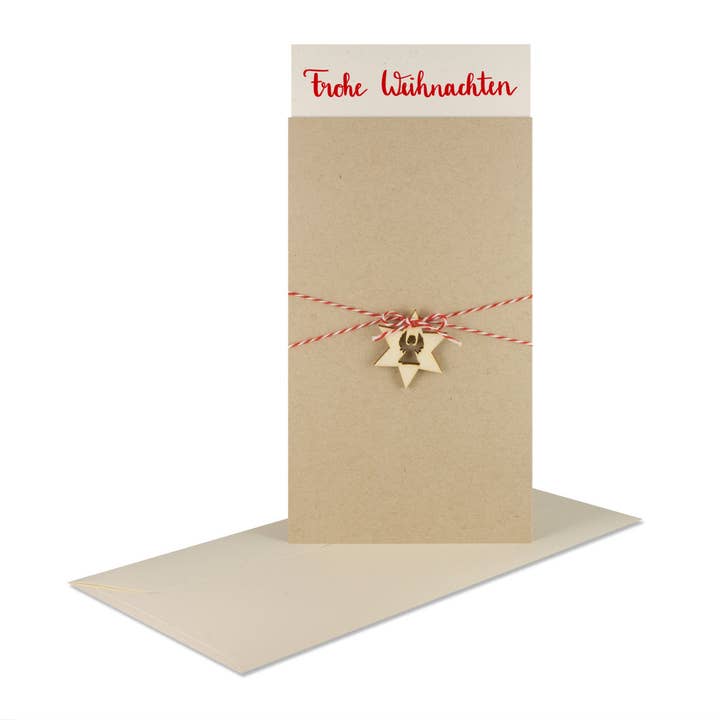 Weihnachtskarte "Frohe Weihnachten" desert Holzstern, rotem Garn für den Großhandel von à la carte - Kartenmanufaktur