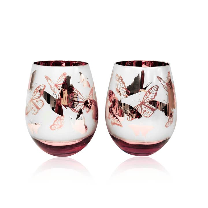 Pink Butterfly Stemless Glasses (Set/2) | Butterfly Gifts for wholesale by Jersey Art Glass