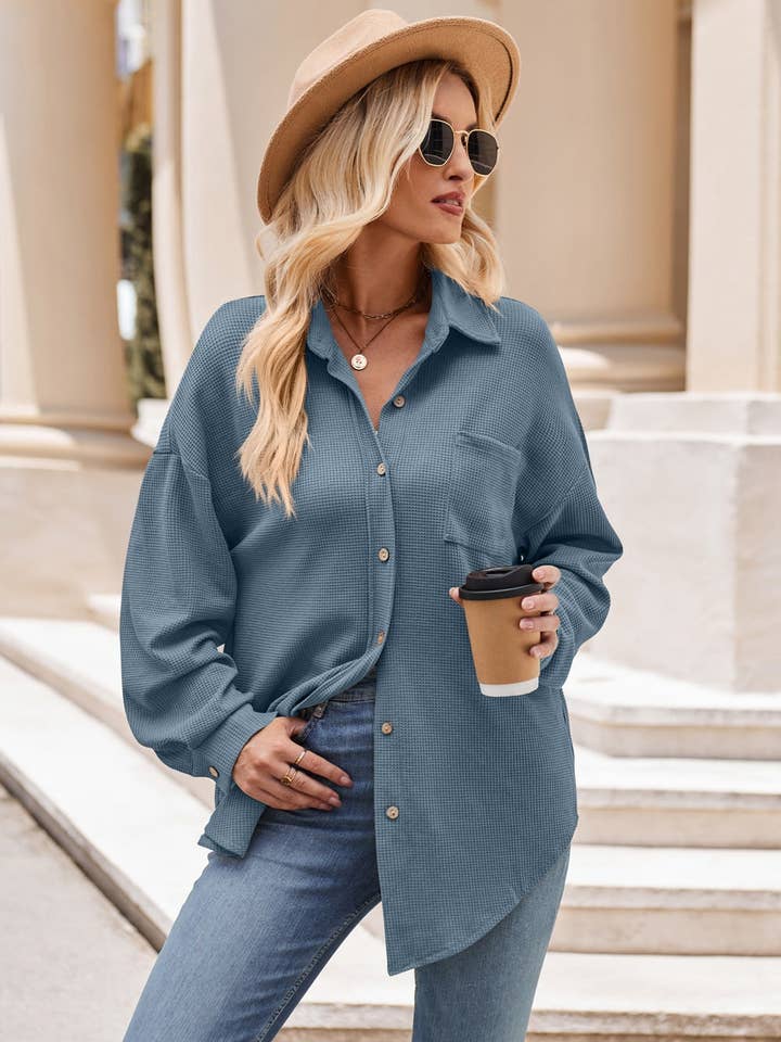 Lovesoft - Wholesale Button Down Shirt - Women's - Women's Casual Loose Pocket Waffle Fashion Shirt12