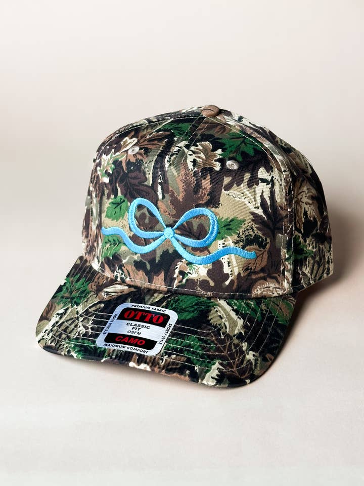 Camo Blue Bow Embroidery Cap for wholesale by D&E Tees
