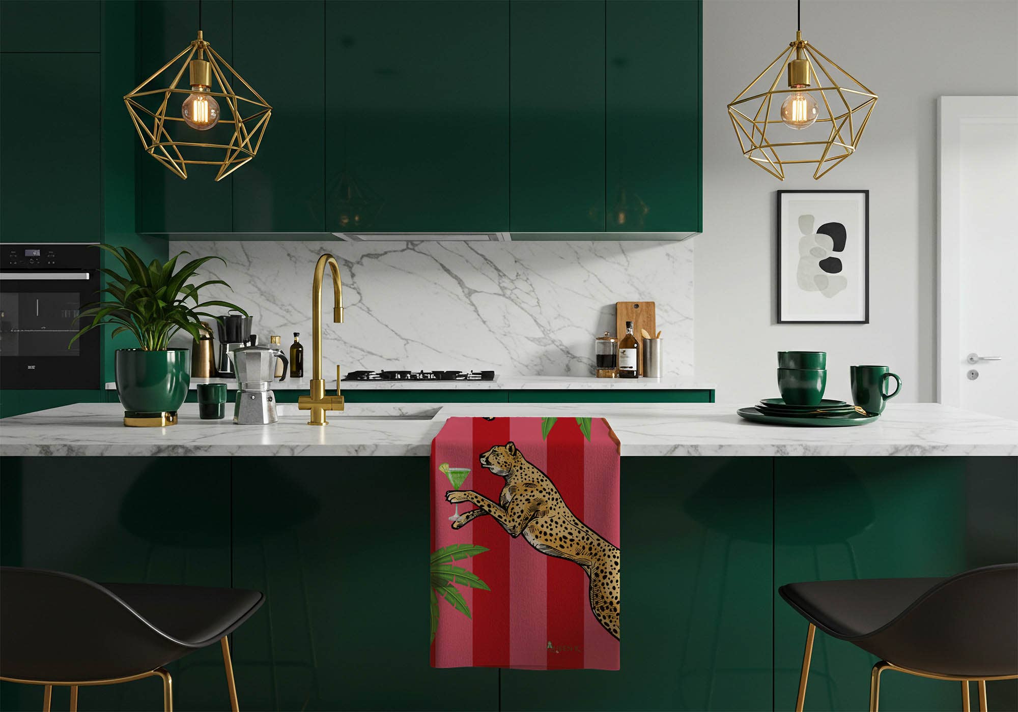 Queen K - Wholesale Tea towel - Cocktail Cheetah Red & Pink Striped 100% Linen Tea Towel6