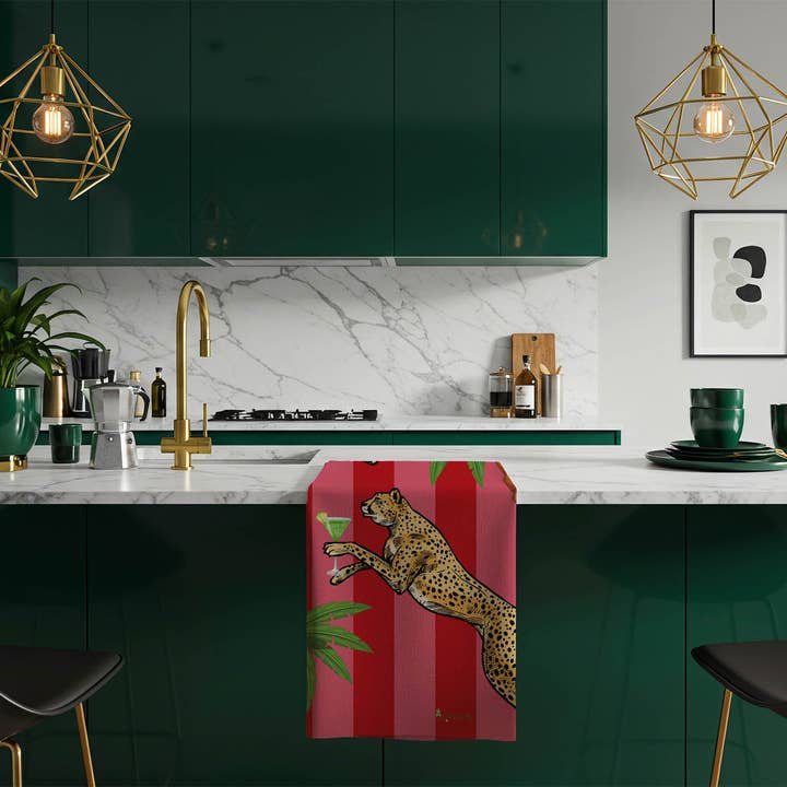 Queen K - Wholesale Tea towel - Cocktail Cheetah Red & Pink Striped 100% Linen Tea Towel6