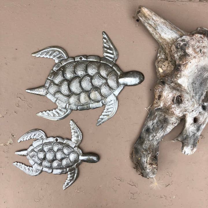 Haiti Fair Trade~ It's Cactus - Wholesale Wall Accent - Set of 2 Turtles, Beach Decor, Whimsical Sea-life 10" & 7.5"