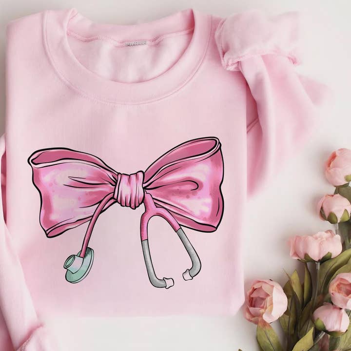 NVC Ecommerce LLC - Wholesale T-Shirt (Graphic) - Women's - Coquette Nurse Stethoscope Bow Sweatshirt, Xmas Shirt