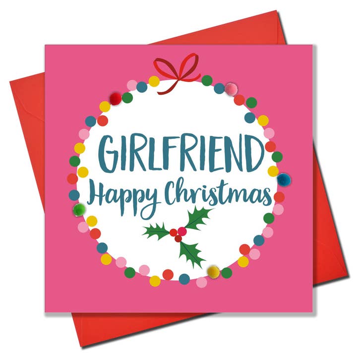Julkort, Rosa småsak, Flickvän, Utsmyckad med färgglada pompoms för wholesale av Claire Giles Ltd