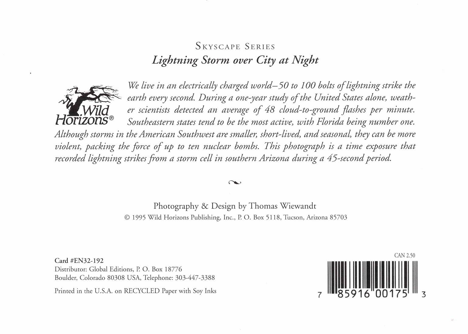 Wild Horizons Productions - Wholesale Stationery/Notecard Set - Notecard +Envelope: Western Skyscapes, Lightning over City1