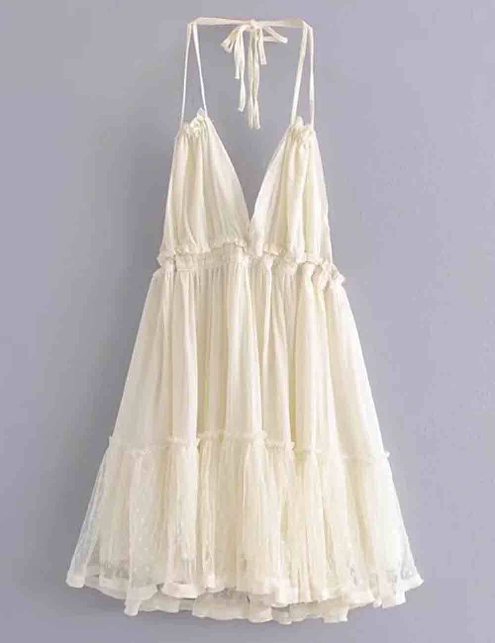 Sweetkama - Wholesale Dress - Women's - Ladies Solid Color V-Neck Mesh Dot Halter String Shoulder Mini Dress5