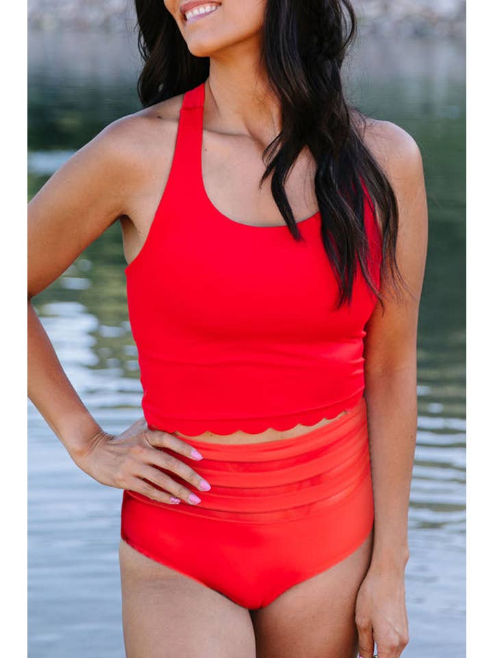 EG fashion - Wholesale Two Piece Swimsuit - Women's - Pink Scalloped Sleeveless High Waisted Two Piece Swimsuit18