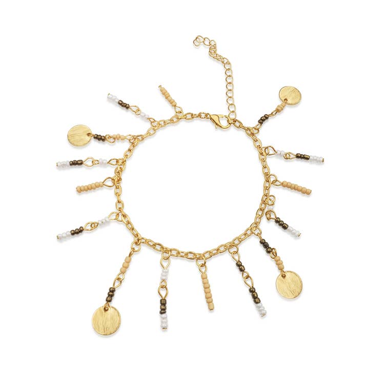 Tobillera BeSheek con cadena artesanal con cuentas en color crema y dorado para venta al por mayor de BESHEEK JEWELRY