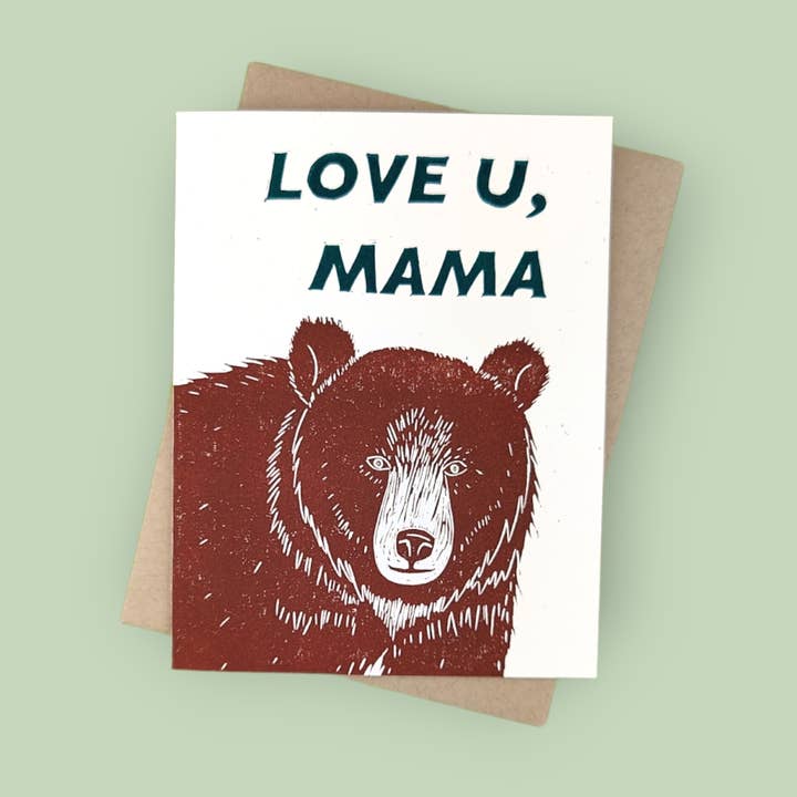 Handprinted linocut love u mama bear folded card for wholesale by Winter Pickle Press