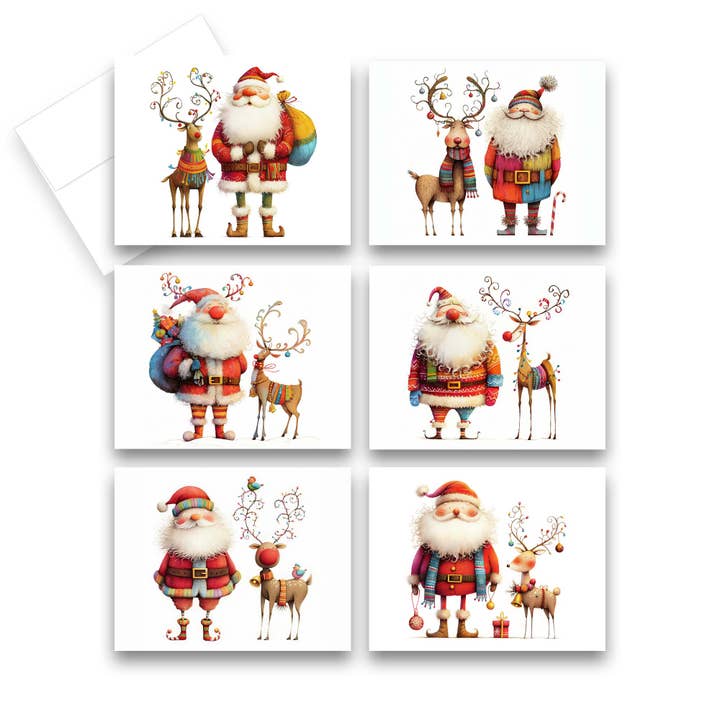 Aria Rae - Wholesale Christmas Card - Assorted Christmas Santa Reindeer Note Cards, Set of 6