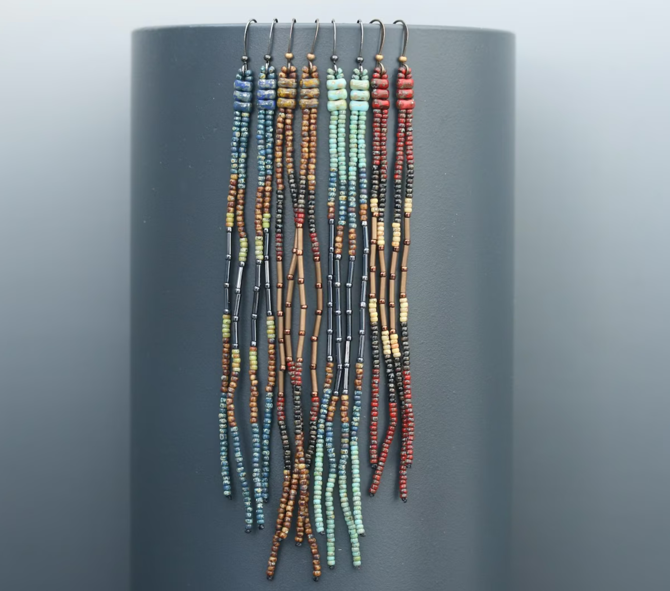 DarcyHorn/BeadWork - Wholesale Tassel Earrings - Long beaded earrings. Picasso seed bead fringe earrings.4