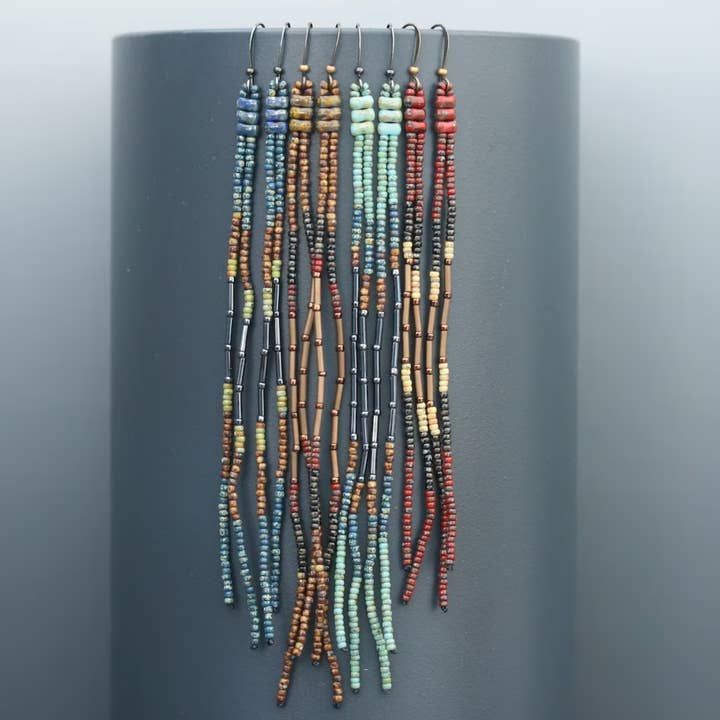 DarcyHorn/BeadWork - Wholesale Tassel Earrings - Long beaded earrings. Picasso seed bead fringe earrings.4