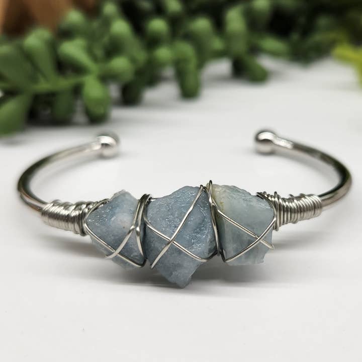 Aquamarine 3 Rough Gemstones Wire Wrapped Bangle Bracelet for wholesale by Meraki Gemstones