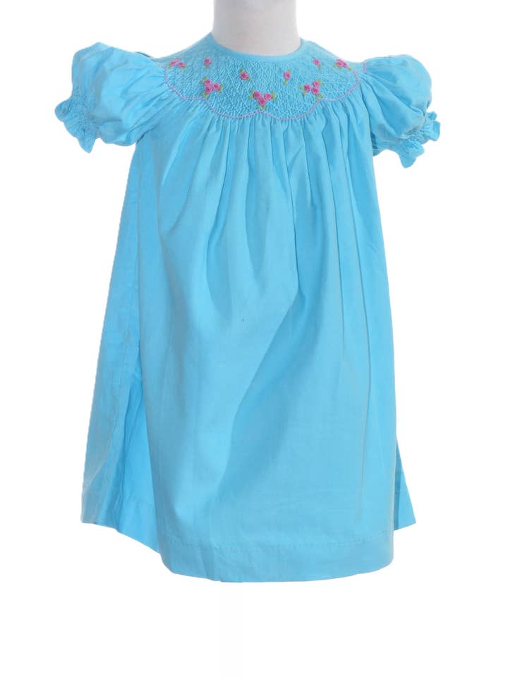 Blue Corduroy Geo Smocked With Roses Short Sleeve Bishop Dress for wholesale by Hello Bebes!