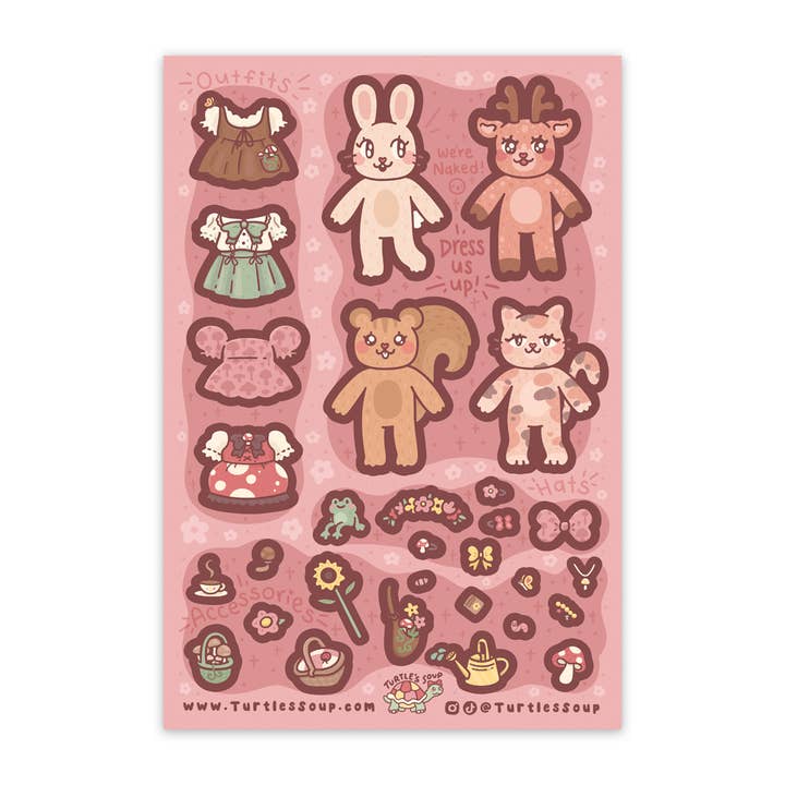 Foglio di adesivi glitterati con abiti da animale in stile cottagecore per la vendita all'ingrosso da parte di Turtle's Soup