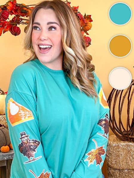 Sugar Stitch - Wholesale T-Shirt - Women's - Thanksgiving Sparkle Sleeve Boyfriend Long Sleeve T-Shirt0