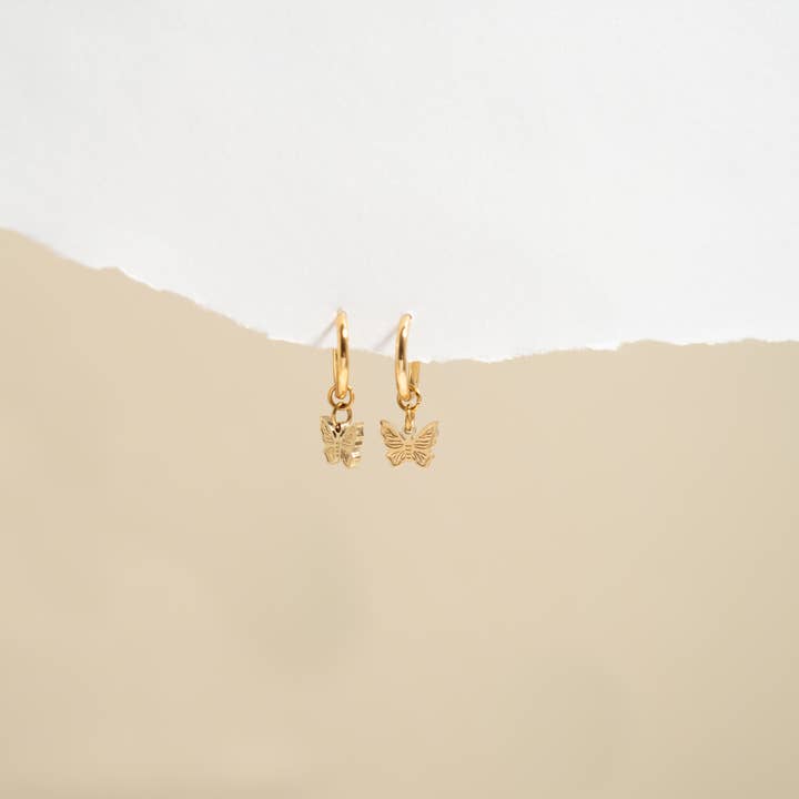 WJW - Wholesale Huggie Earrings - 18K Gold PVD Stainless Steel Butterfly Huggie Earrings