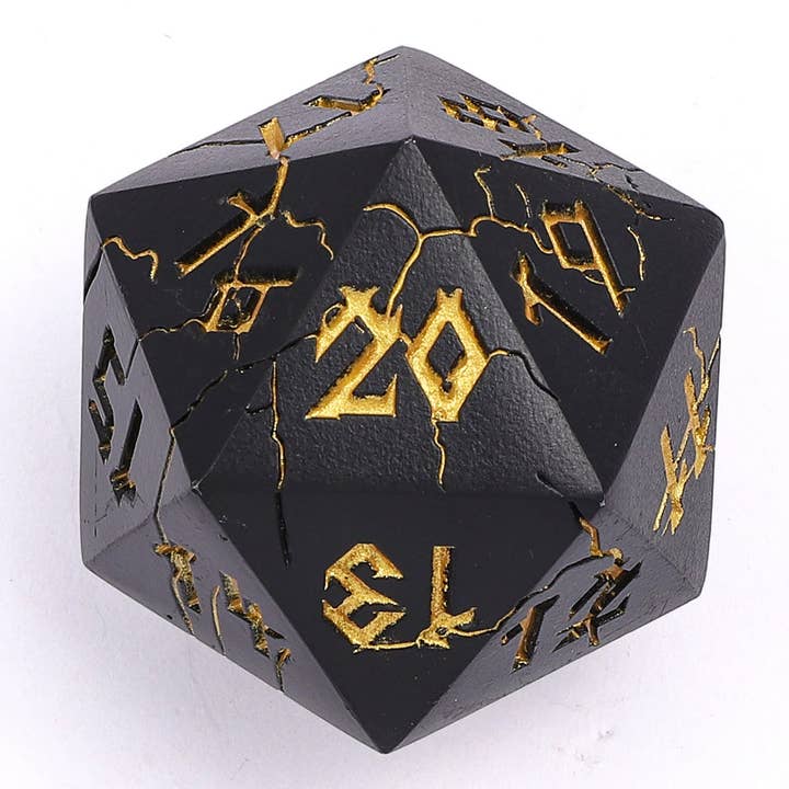 Barbarian 35 mm Single D20 Spin Down, noir mat et doré pour la vente par Hymgho Premium Dice