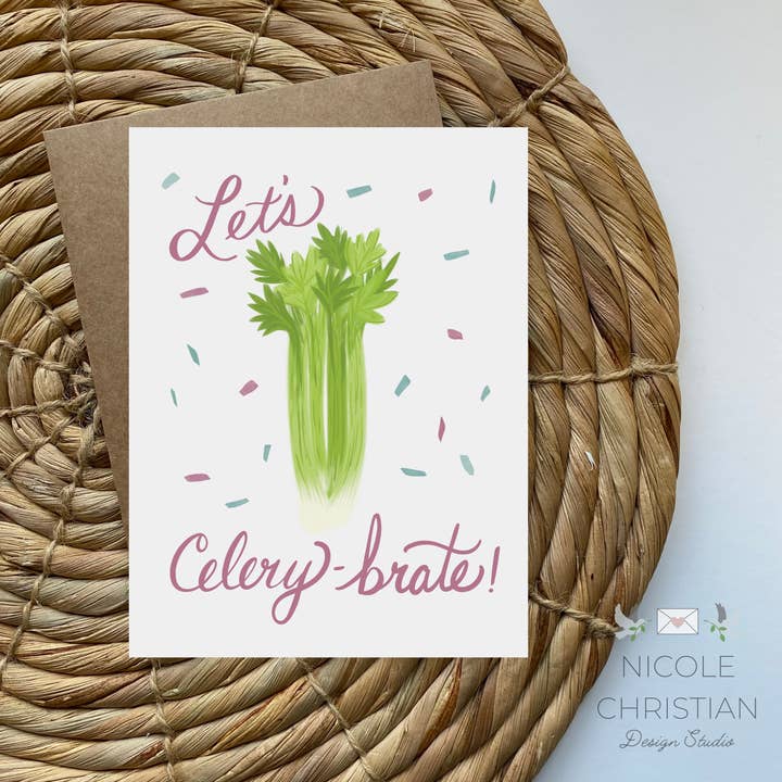 Celery-Brate Greeting Card -Funny food Celebration card for wholesale by Nicole Christian - Illustration