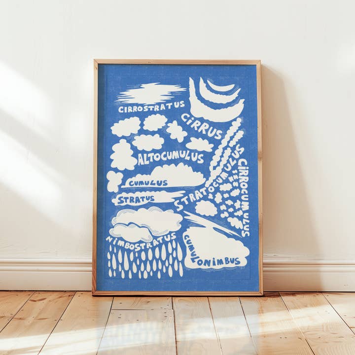 Rebecca Joy Ltd - Wholesale Art Print - 'Clouds' Blue & White Sky | Nature | Risograph Style Print