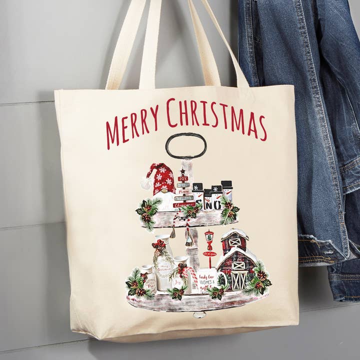Merry Christmas 3 Tiered Tray Farm 12 oz Canvas Tote Bag for wholesale by Avery Lane Gifts