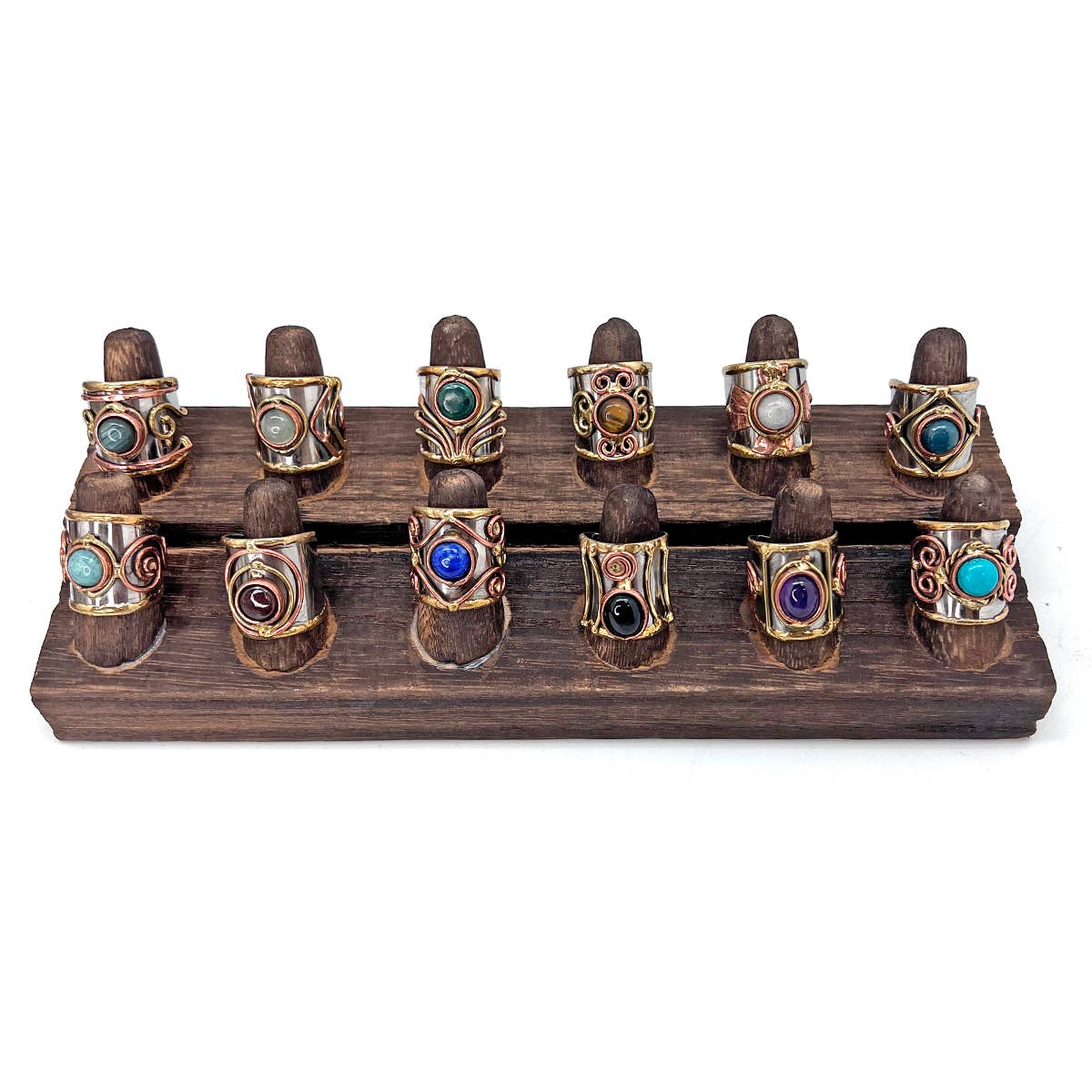 Anju Jewelry - Venta al por mayor Anillos grandes/de cóctel - 12 Anillos de Brazalete de Metal Mixto con Piedra Pequeña y Exhibidor de Madera0