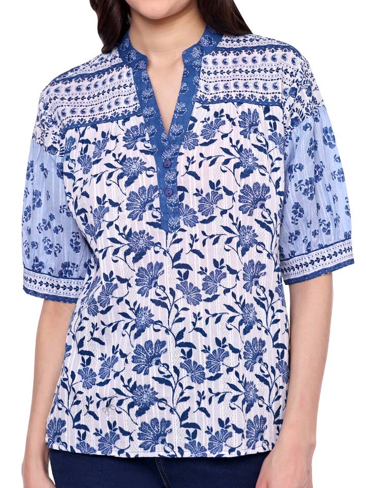 37995 Blue Floral Mosaic Popover top for wholesale by 1 Bliss lane