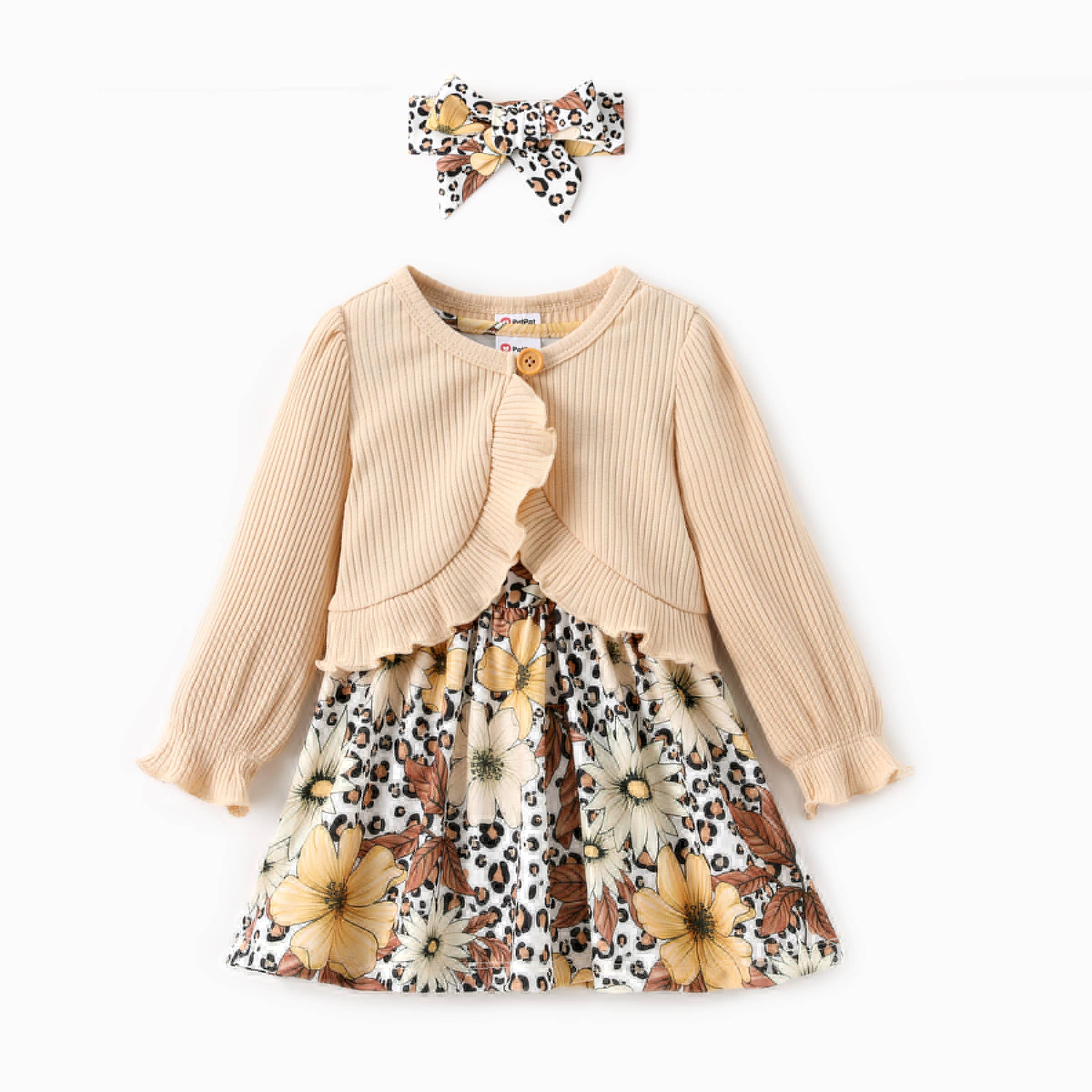 PatPat - Wholesale Jurk - Kinderen - 93% Katoenen Baby Meisjes Bloemenjurk met Vest & Haarband4