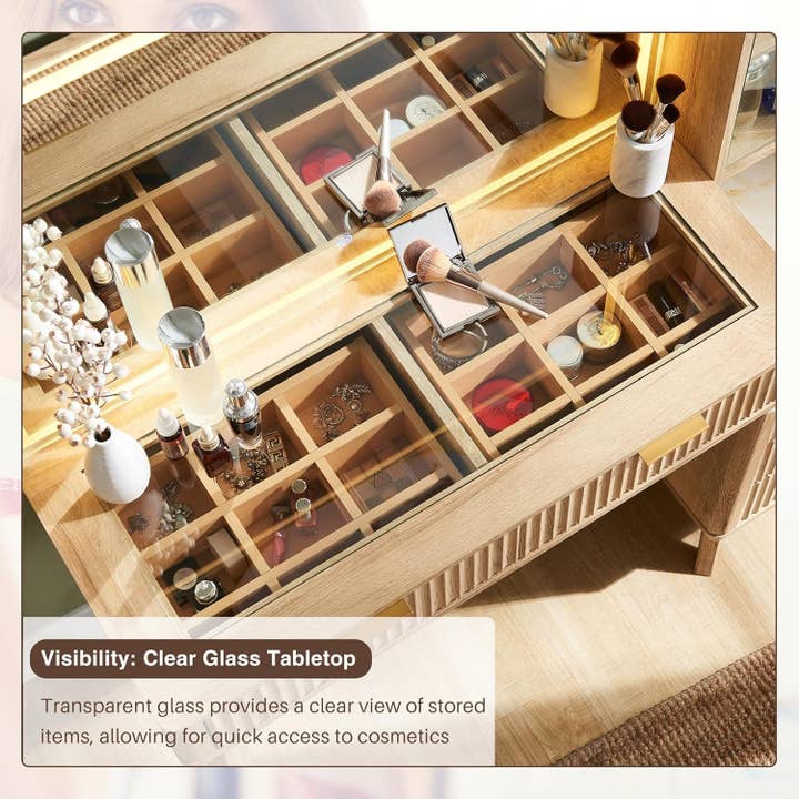 ShipItFurniture - Wholesale Vanity Mirror - 48" Fluted Makeup Vanity Desk with Large 36" Mirror and Lights, Modern Glass Top Big Vanity Table with 5 Drawers & Adjustable Shelves, Dressing Table Set W/Charging Station for Bedroom, Oak